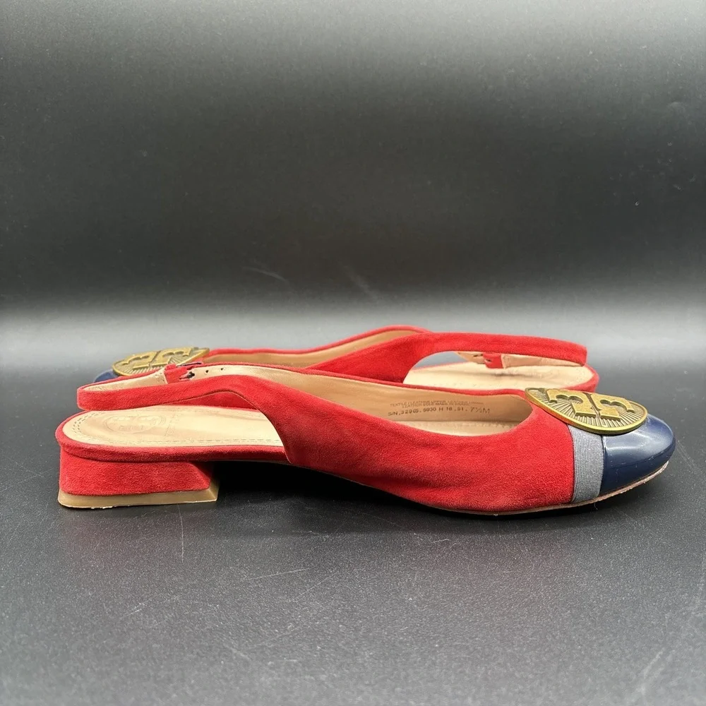 Tory Burch Alastair Slingback Heels Women's 7.5 Red Suede Classic Logo Medallion